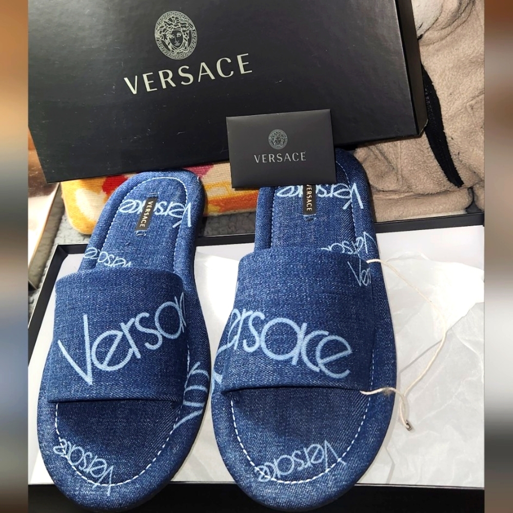 Versace Denim Slides - Logo Slide  Sandals